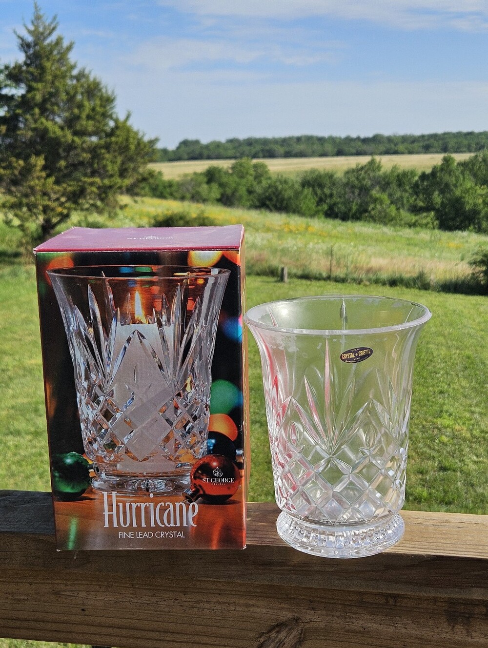 Vintage St. George 24% Fine Lead Crystal Hurricane Vase Candle Holder NIB 7.5"